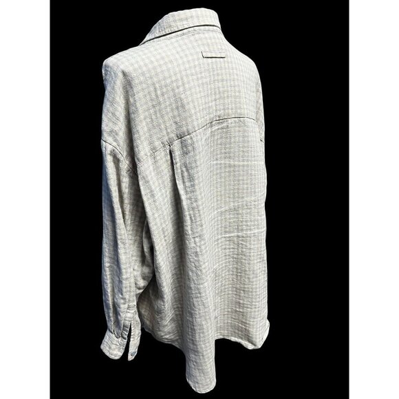 Poetry Plaid ButtonUp Shirt WOMEN LG Oversized Beige Blue Plaid Coastal normcore - Picture 4 of 8